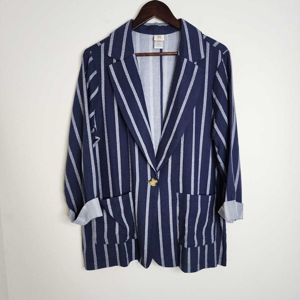 Wrapper Vintage Women's Striped Navy Blue & White Linen Blend Blazer XL Academia